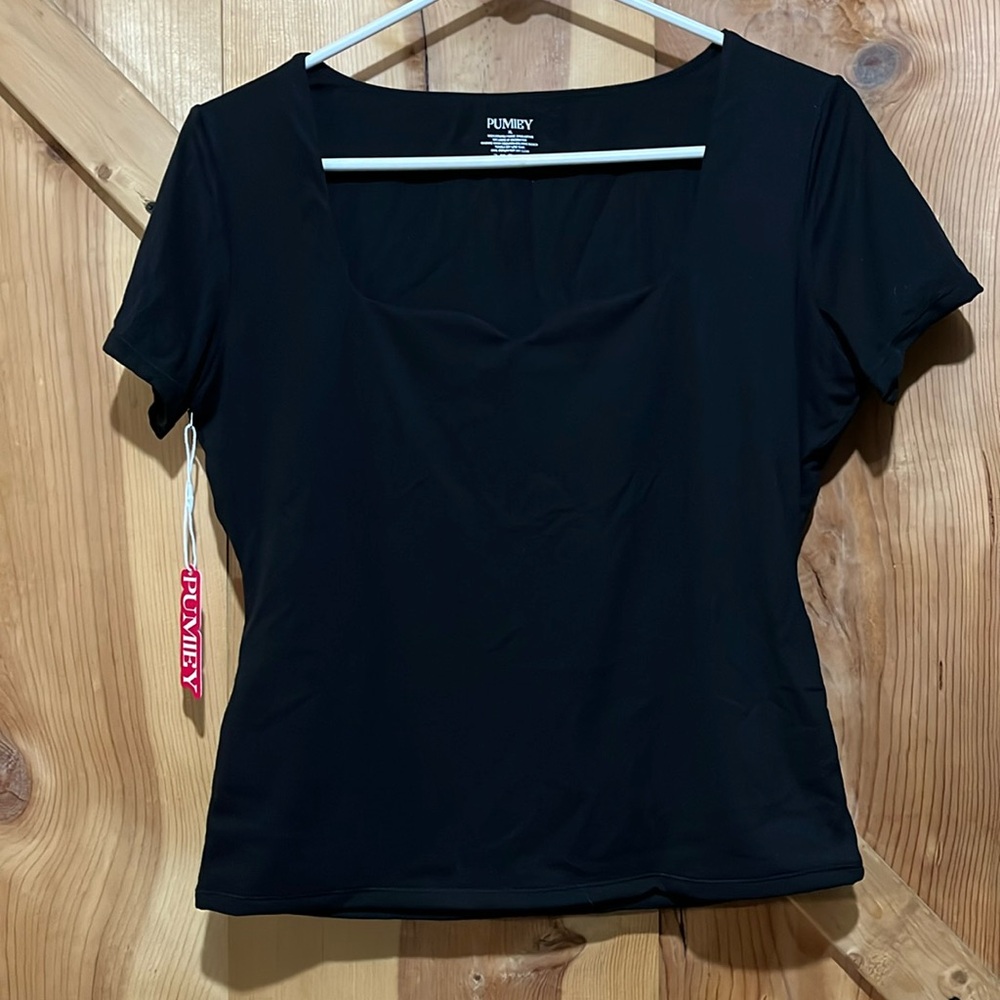Pumiey black size XL short sleeve scalloped neck top new with tags